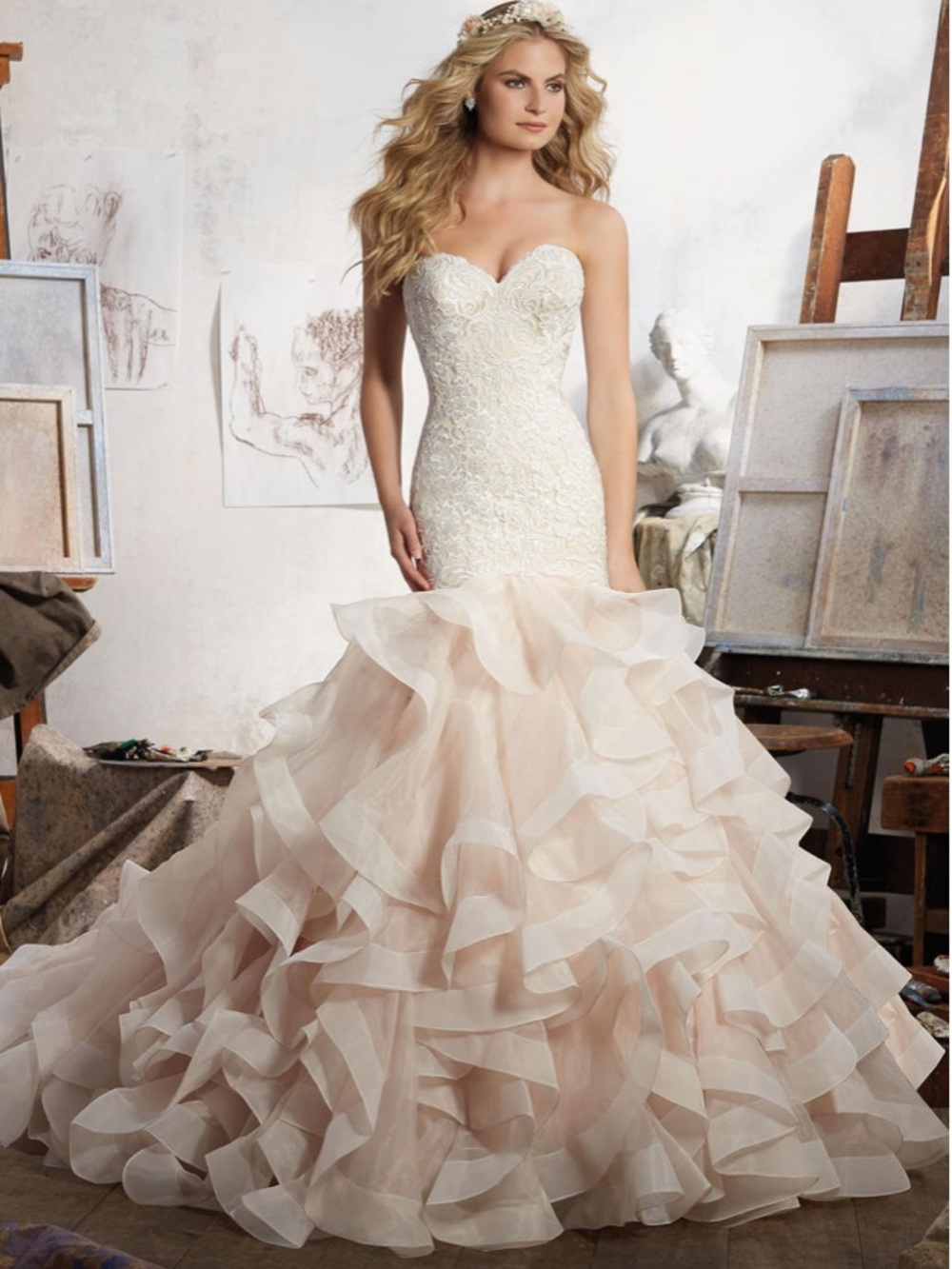 Stunning NEW Mori Lee by Madeline Gardner Blush Organza Ruffle Wedding Gown